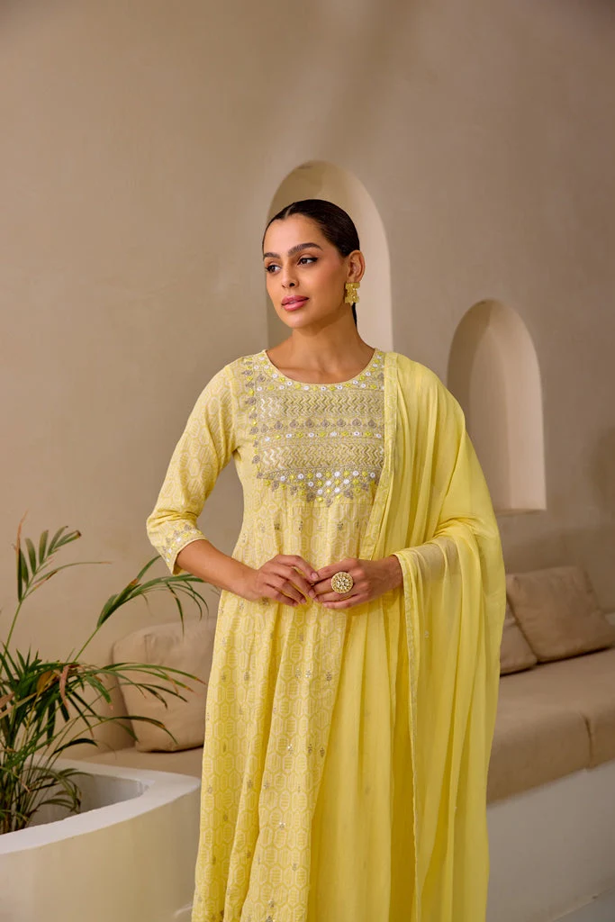 Neerus Yellow Curved Sequence Work Kurta And Trousers With Dupatta - Image 5