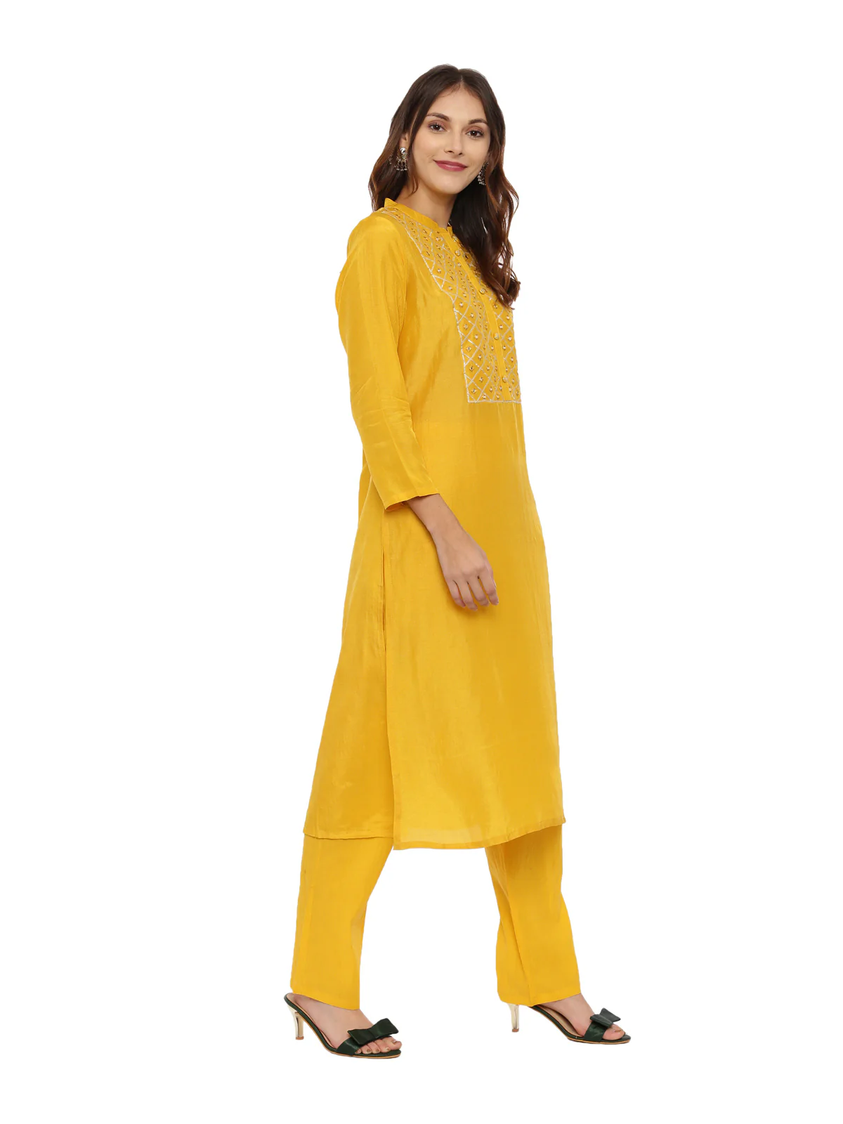 Neerus Yellow Embellished Kurta Pant Set - Image 3