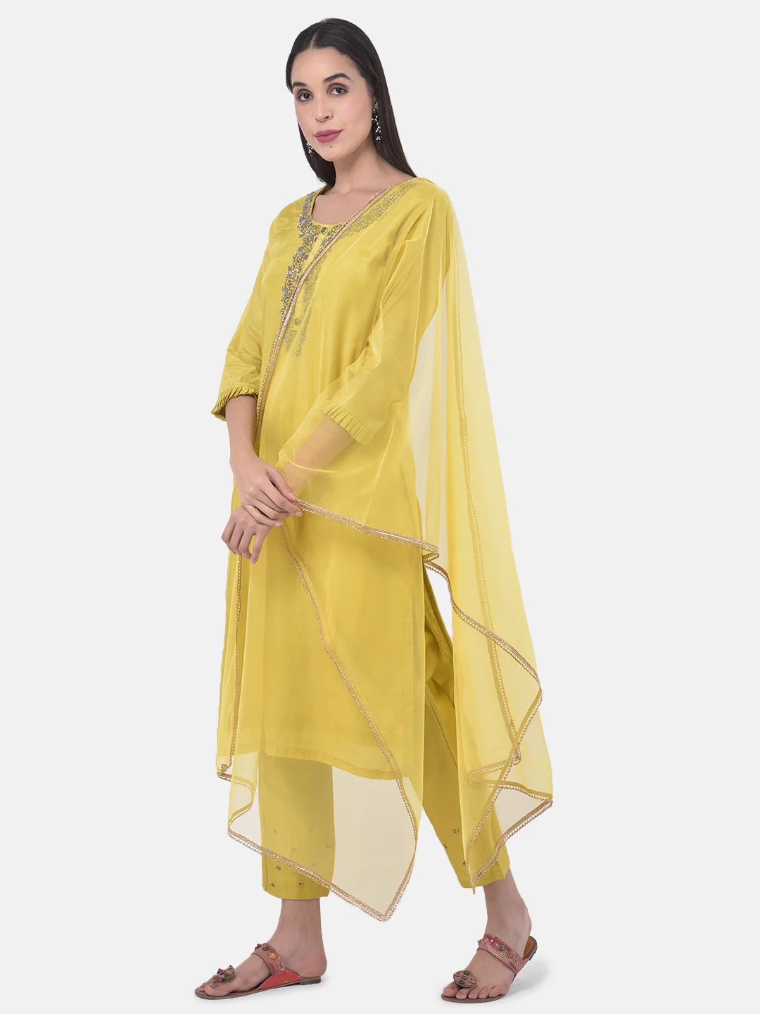 Neerus Yellow Embellished Kurta With Pant & Dupatta - Image 6