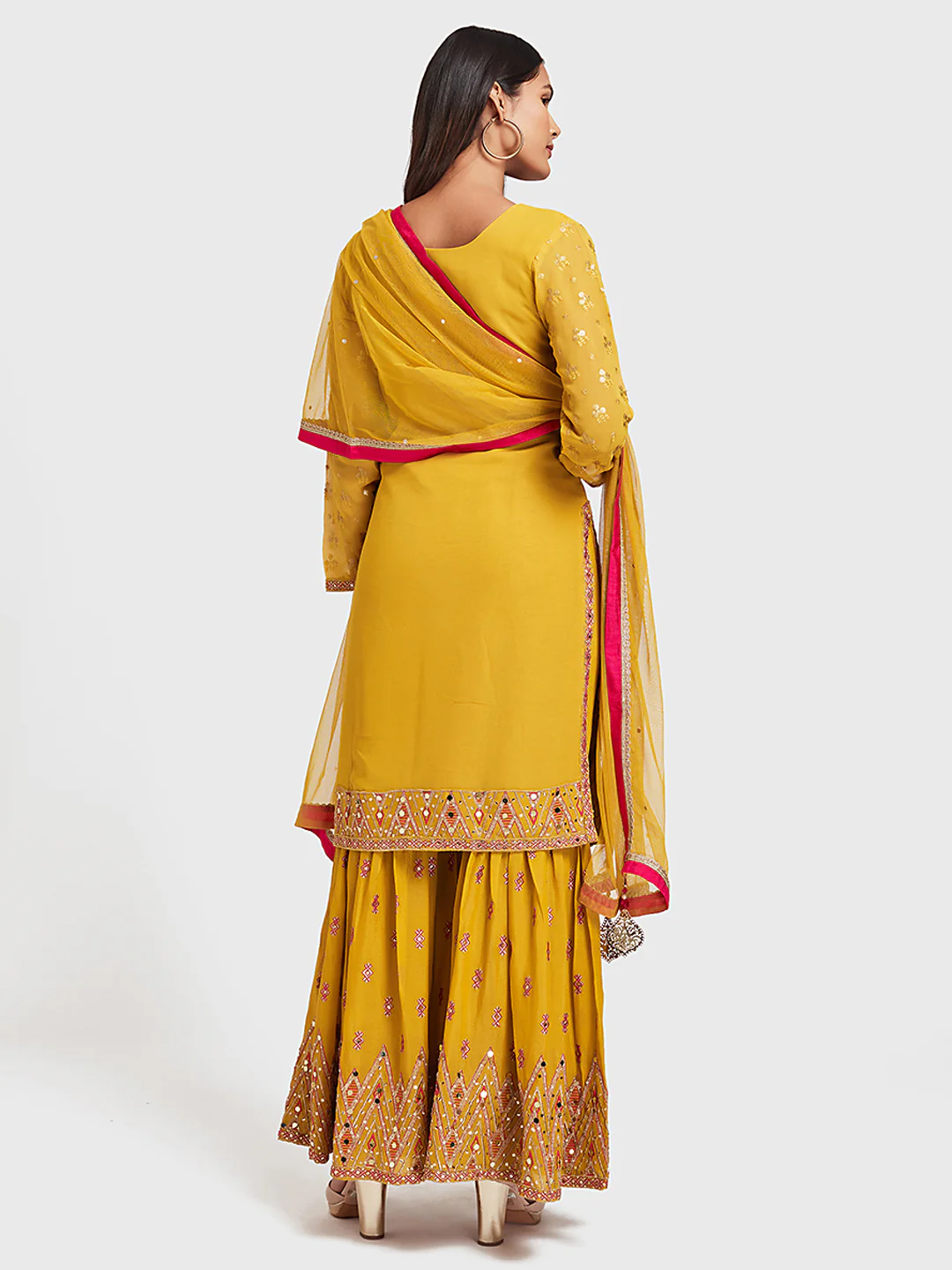 Neerus Yellow Embellished Kurta With Sharara & Dupatta - Image 3