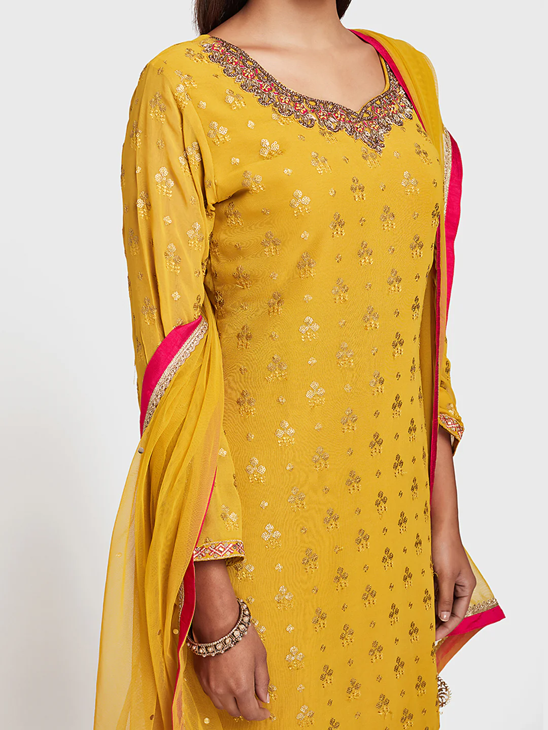 Neerus Yellow Embellished Kurta With Sharara & Dupatta - Image 4