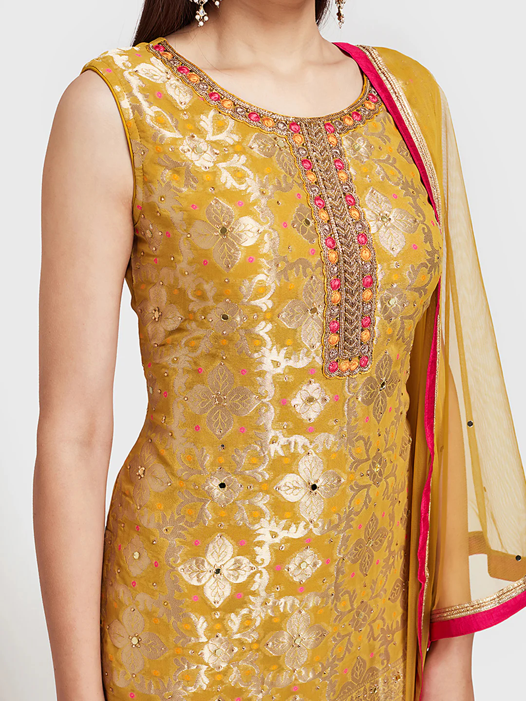 Neerus Yellow Embellished Kurta With Sharara & Dupatta - Image 3