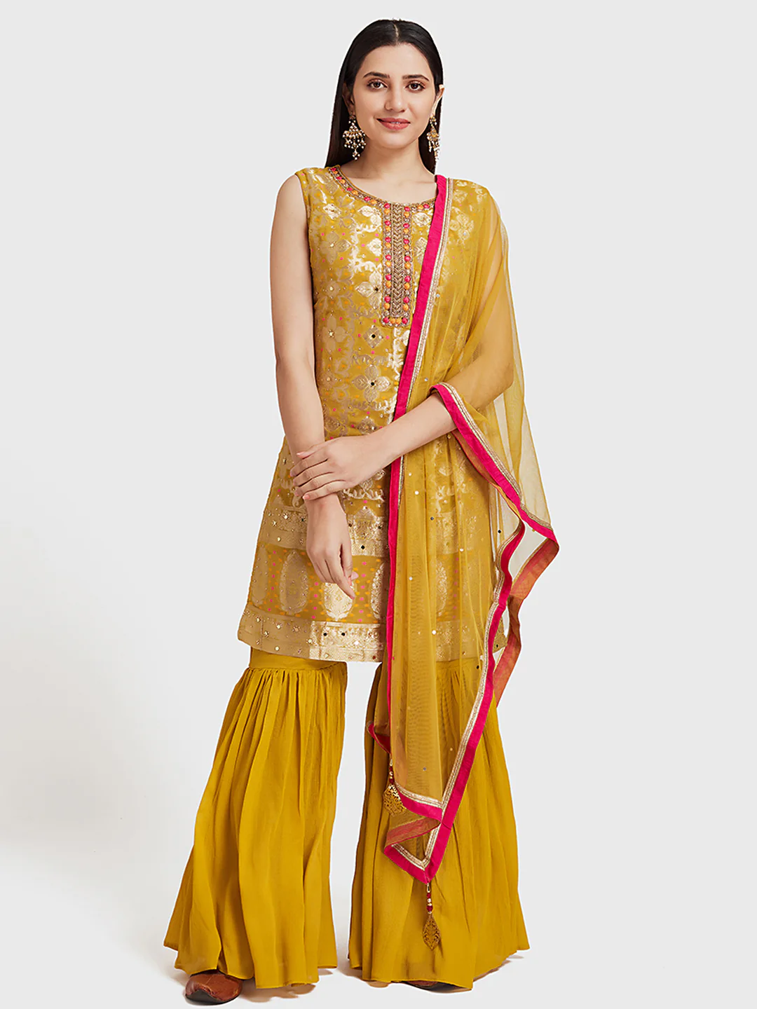 Neerus Yellow Embellished Kurta With Sharara & Dupatta - Image 6