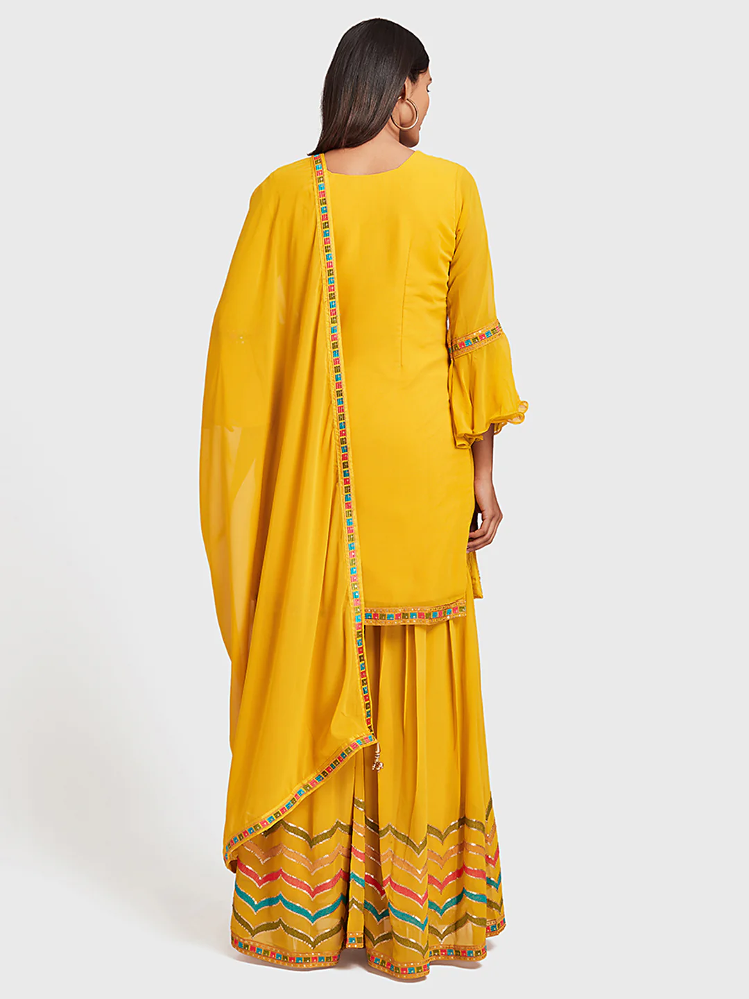 Neerus Yellow Embellished Kurta With Sharara & Dupatta - Image 3