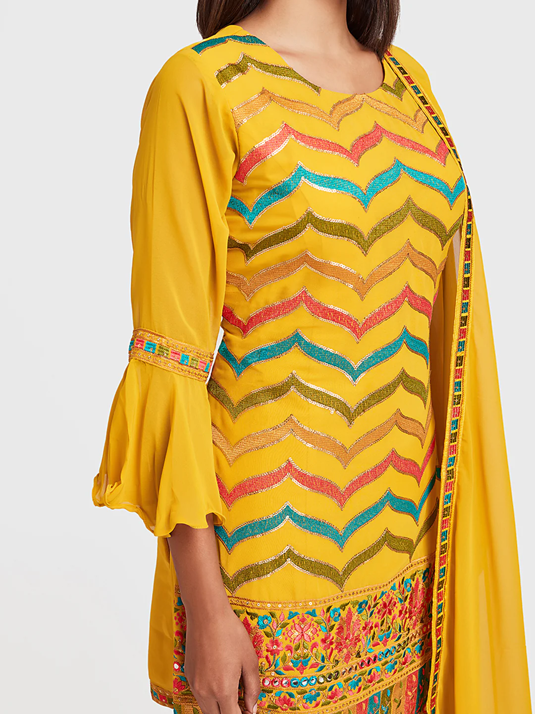 Neerus Yellow Embellished Kurta With Sharara & Dupatta - Image 4