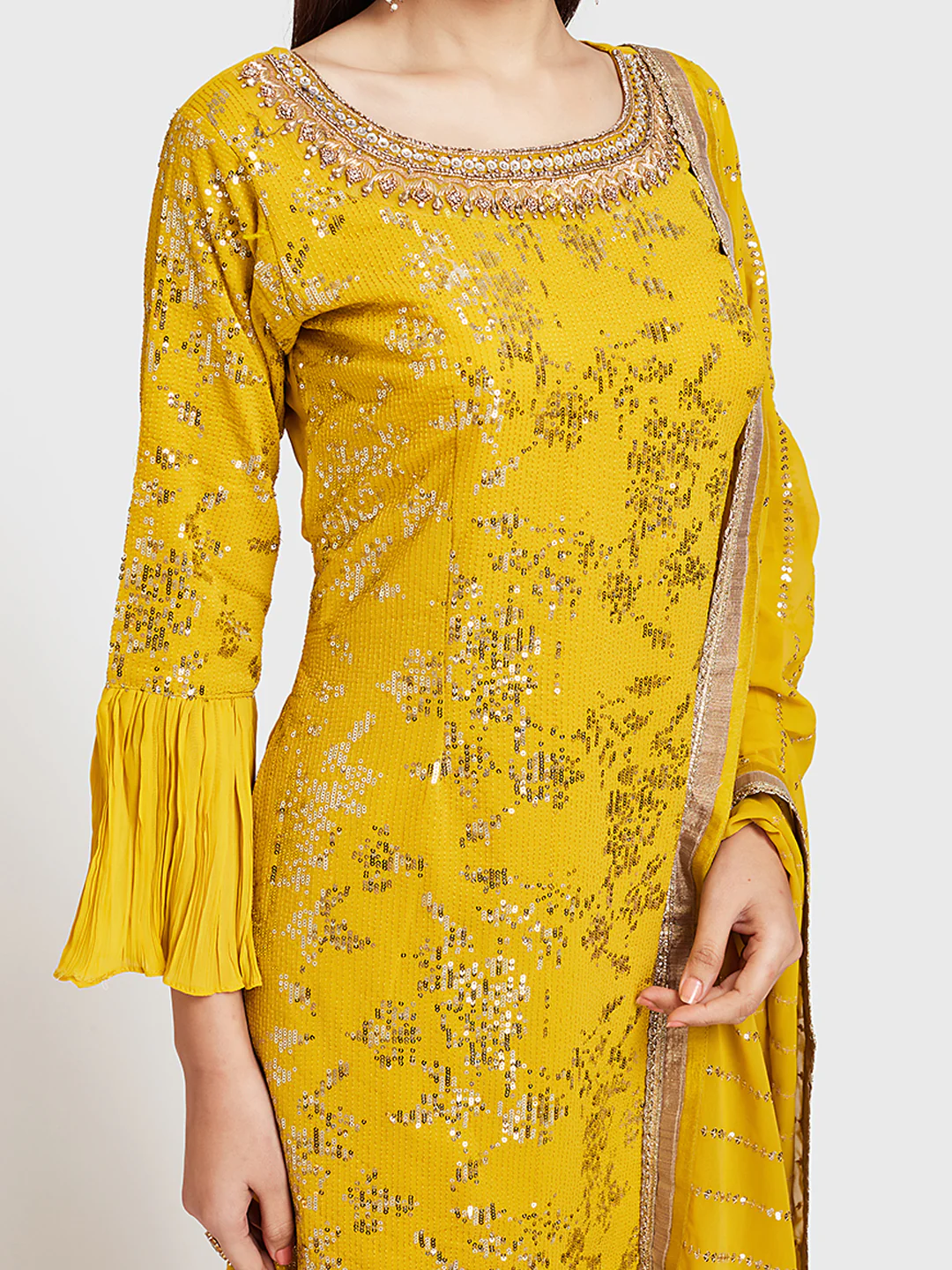 Neerus Yellow Embellished Kurta With Sharara & Dupatta - Image 3