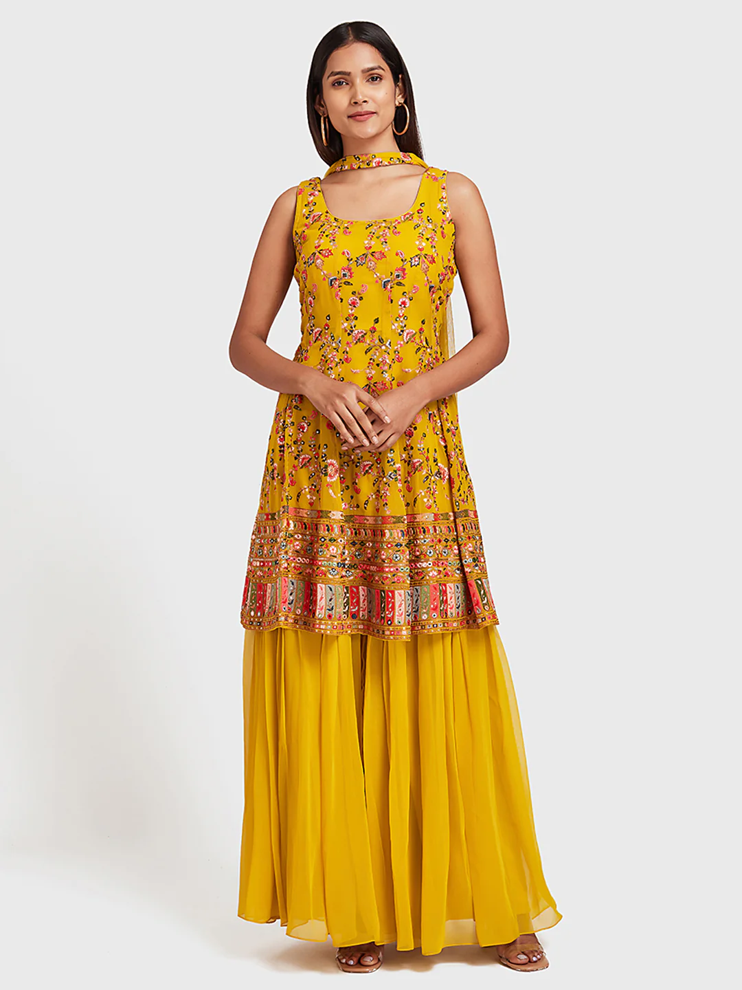 Neerus Yellow Embellished Kurta With Sharara & Dupatta - Image 6
