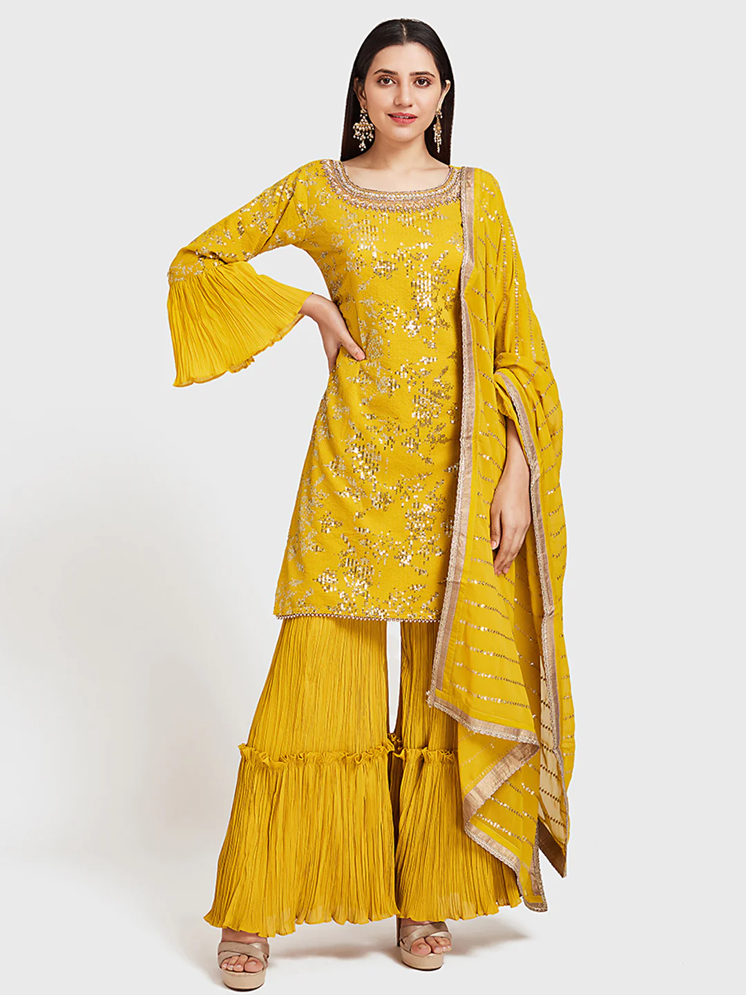 Neerus Yellow Embellished Kurta With Sharara & Dupatta - Image 6