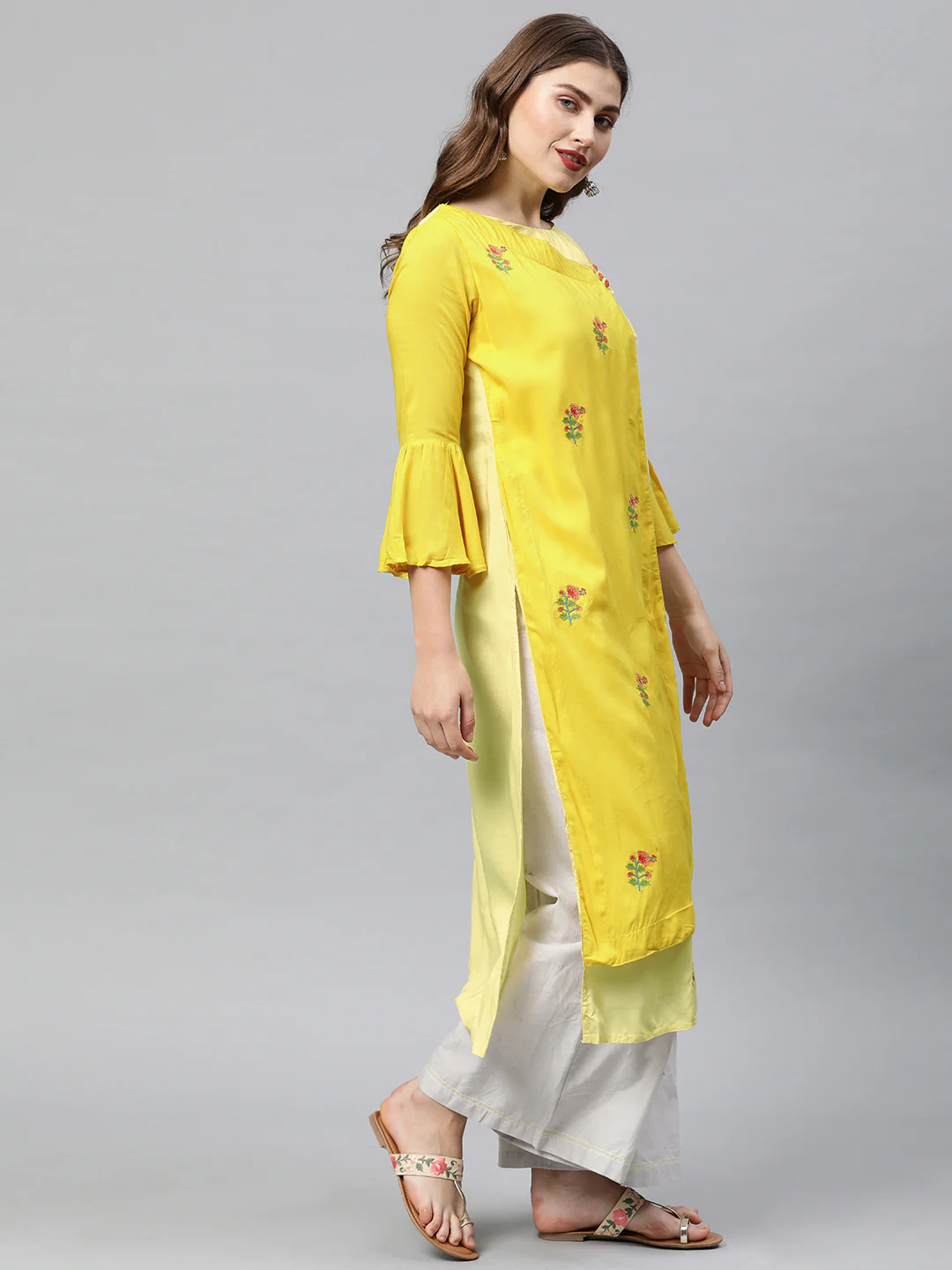 Neerus Yellow Embroidered Angrakha Kurta - Image 3