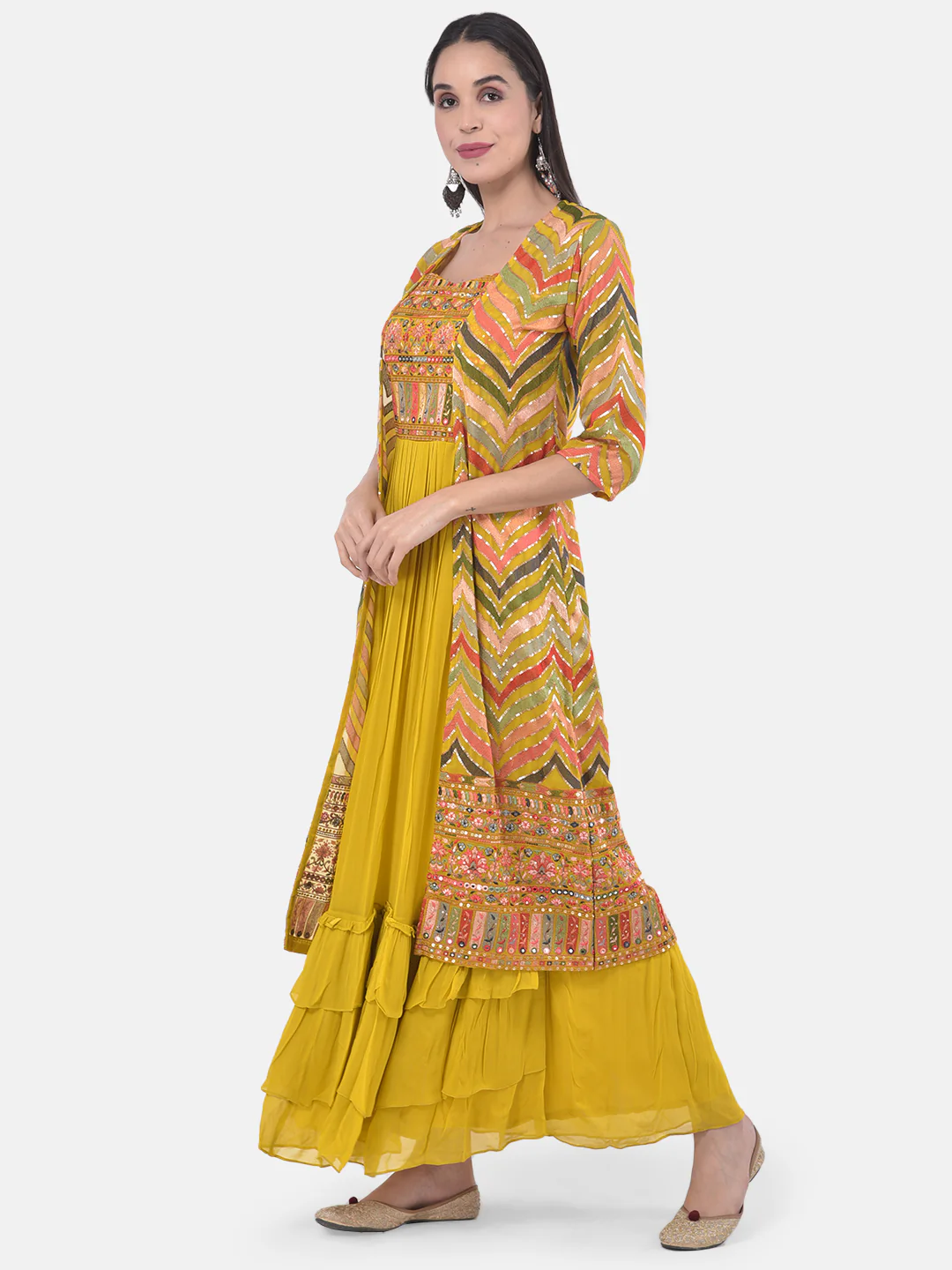 Neerus Yellow Embroidered Flared Kurta With Shrug - Image 3