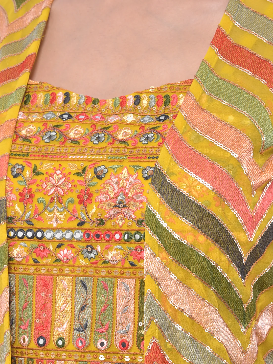 Neerus Yellow Embroidered Flared Kurta With Shrug - Image 4