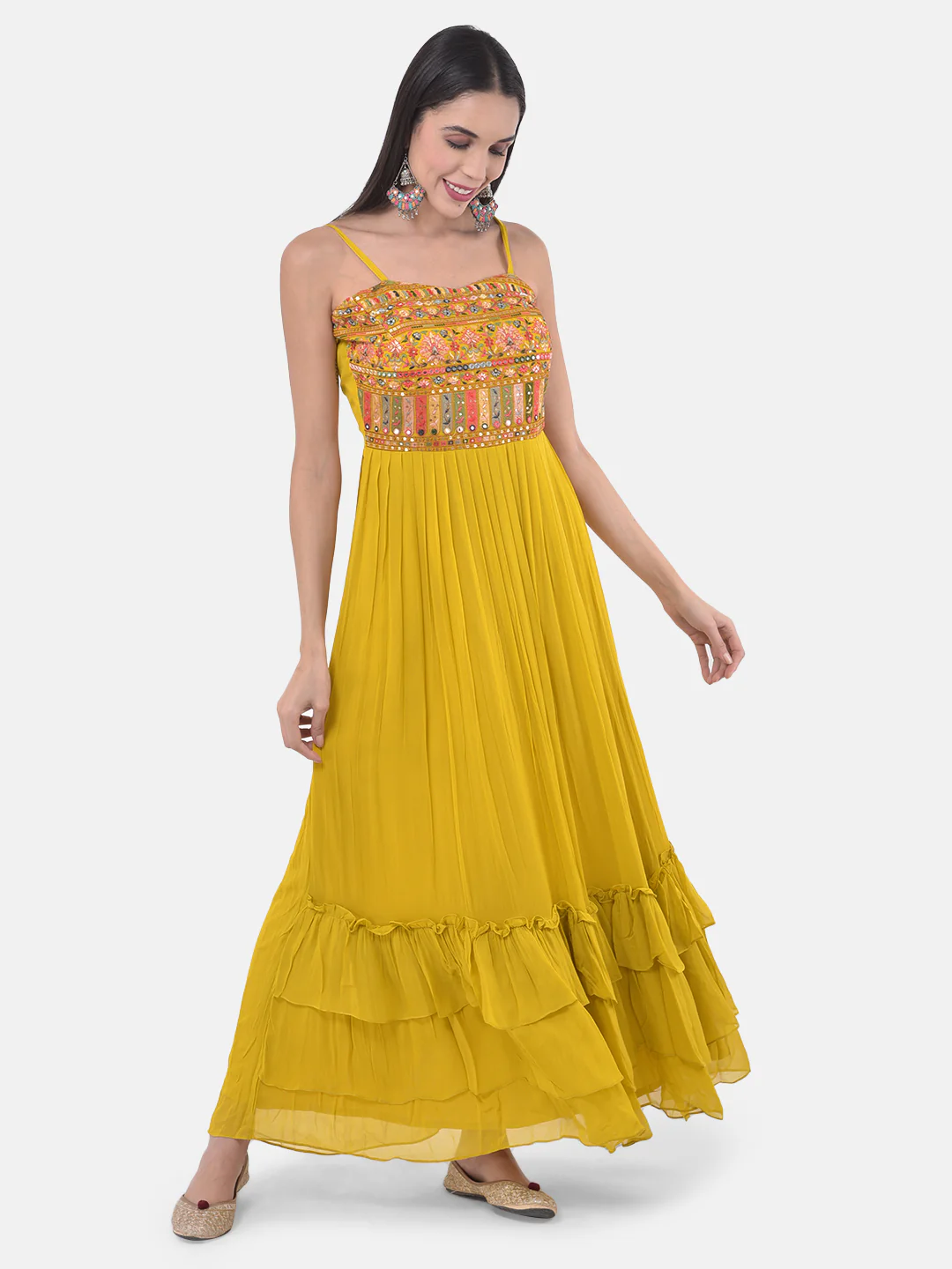 Neerus Yellow Embroidered Flared Kurta With Shrug - Image 5