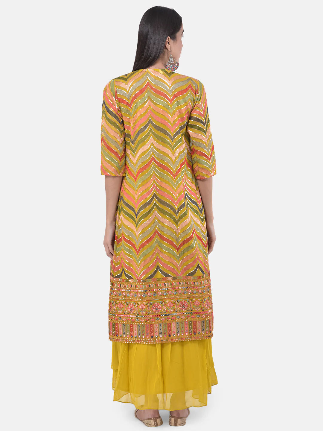 Neerus Yellow Embroidered Flared Kurta With Shrug - Image 6