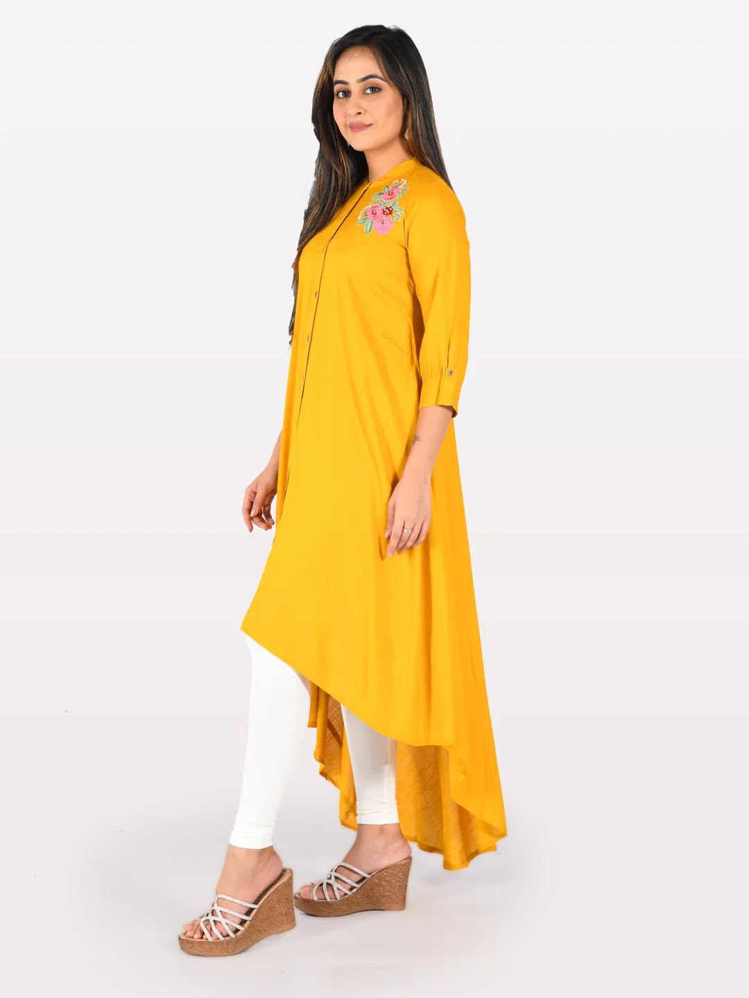 Neerus Yellow Embroidered High Low Kurta