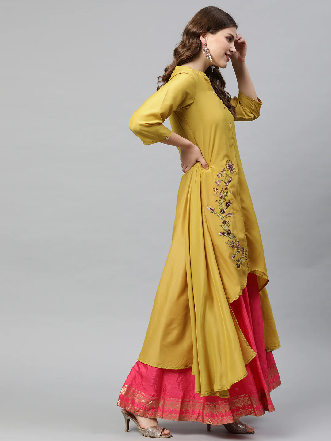 Neerus Yellow Embroidered High Low Kurta - Image 3