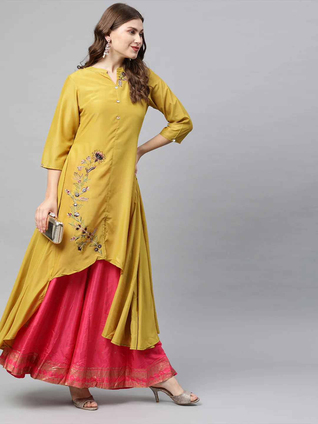 Neerus Yellow Embroidered High Low Kurta - Image 5