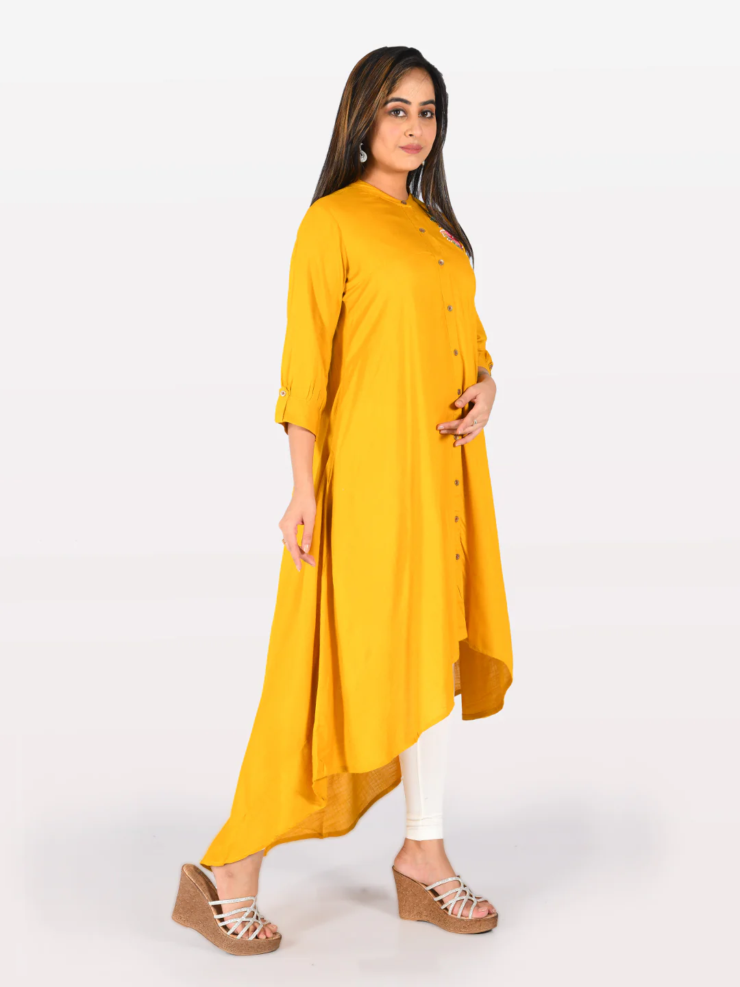 Neerus Yellow Embroidered High Low Kurta - Image 2