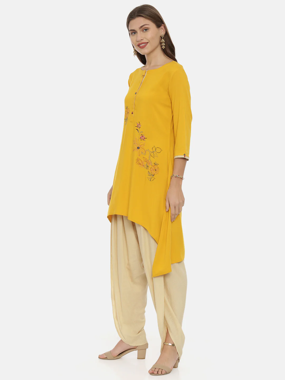 Neerus Yellow Embroidered High Low Kurta - Image 3