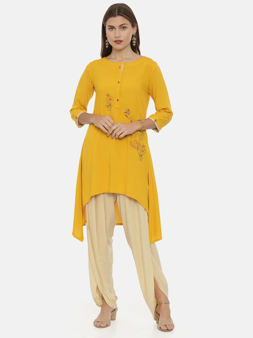 Neerus Yellow Embroidered High Low Kurta - Image 6