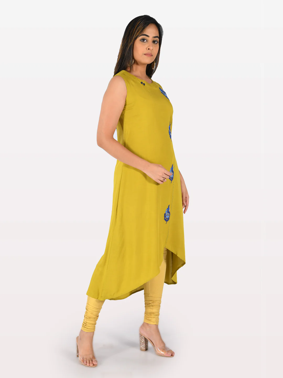 Neerus Yellow Embroidered High Low Kurta - Image 4
