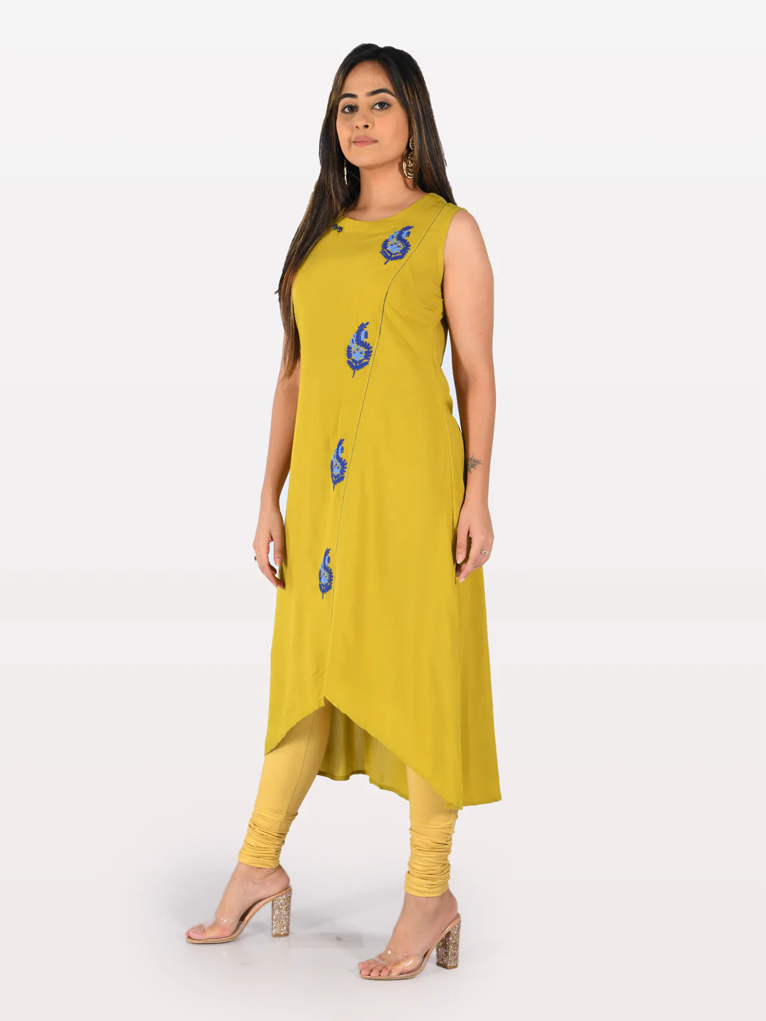 Neerus Yellow Embroidered High Low Kurta - Image 5