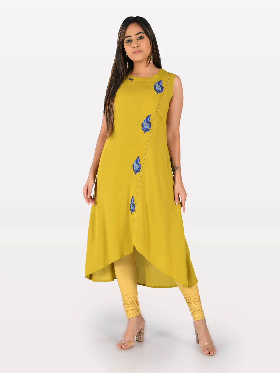 Neerus Yellow Embroidered High Low Kurta - Image 6