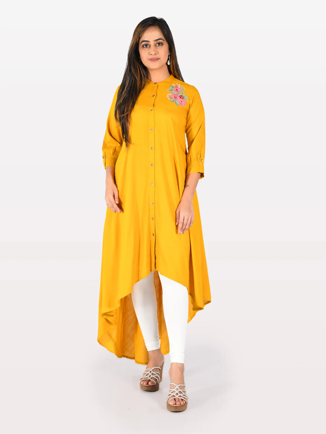 Neerus Yellow Embroidered High Low Kurta - Image 5