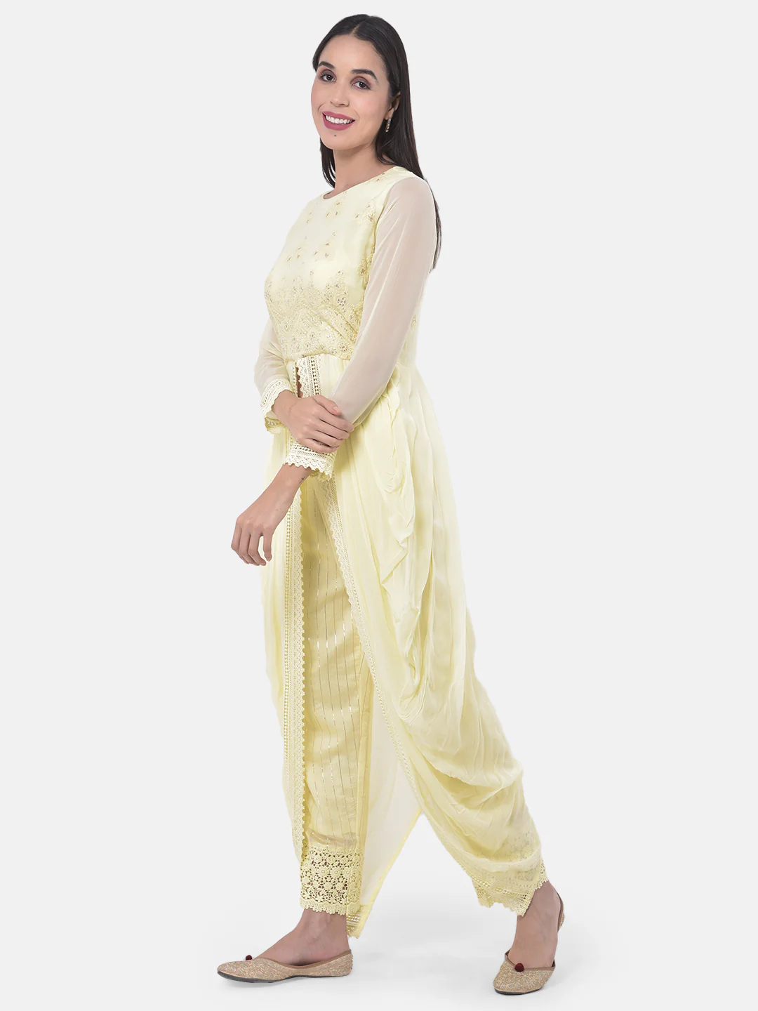 Neerus Yellow Embroidered Kurta Dhoti Pant Set - Image 3