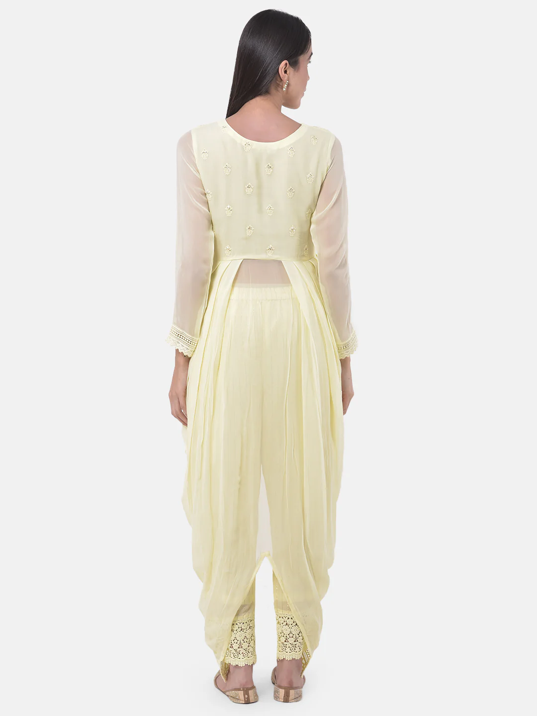 Neerus Yellow Embroidered Kurta Dhoti Pant Set - Image 4
