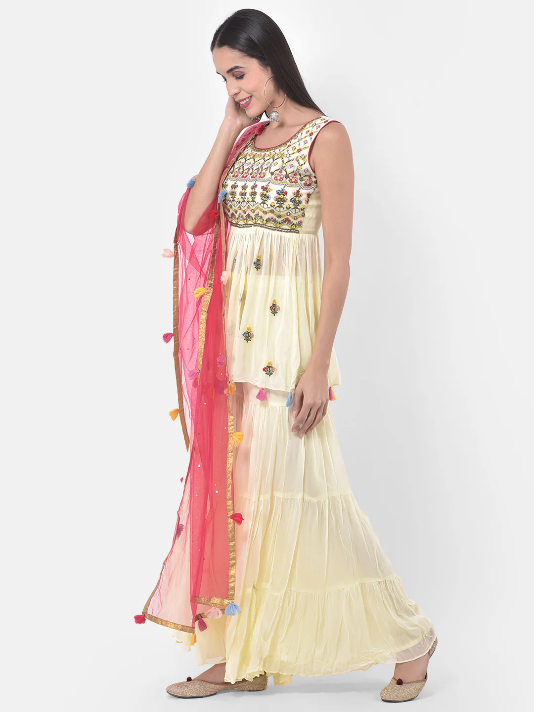Neerus Yellow Embroidered Kurta With Sharara & Dupatta - Image 3