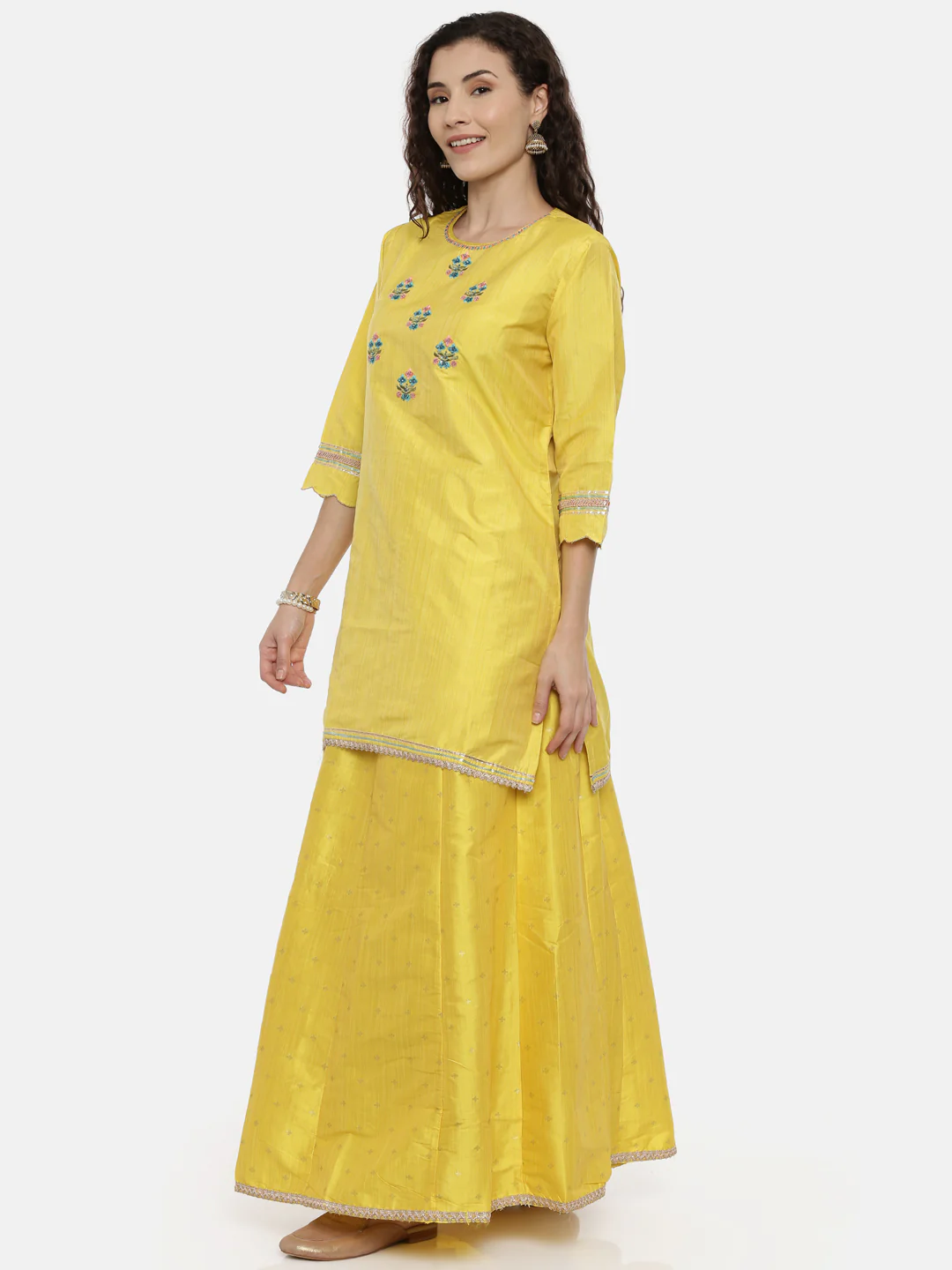 Neerus Yellow Embroidered Kurta With Skirt & Dupatta - Image 3