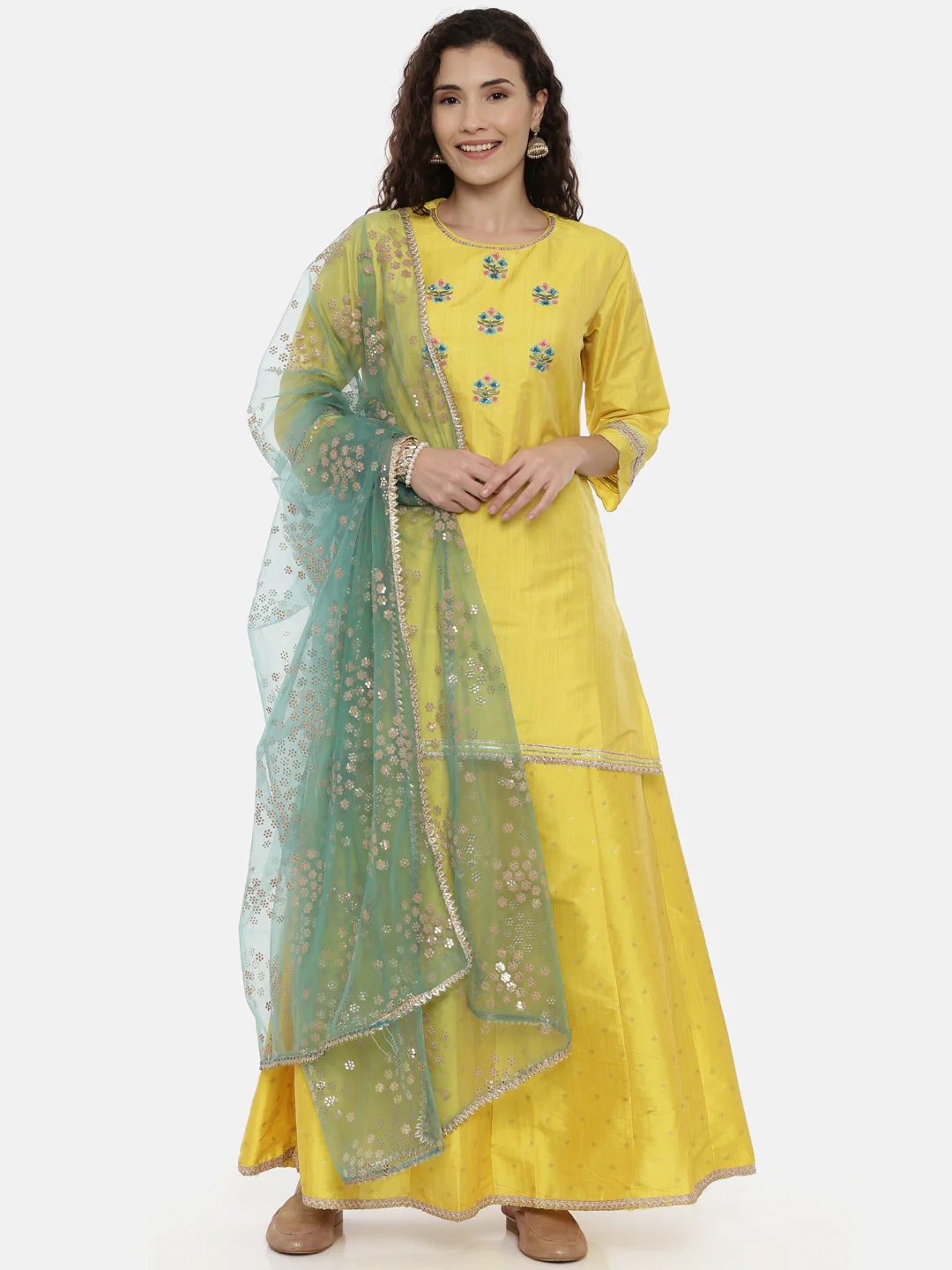 Neerus Yellow Embroidered Kurta With Skirt & Dupatta - Image 5