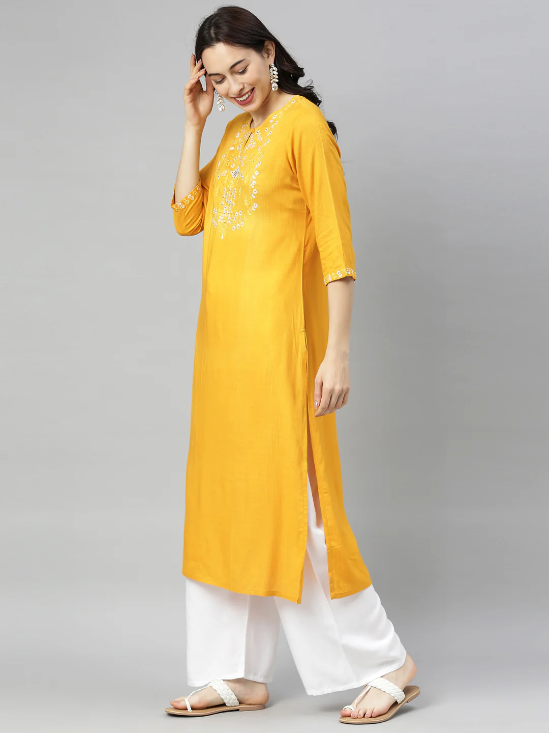 Neerus Yellow Embroidered Straight Kurta - Image 2