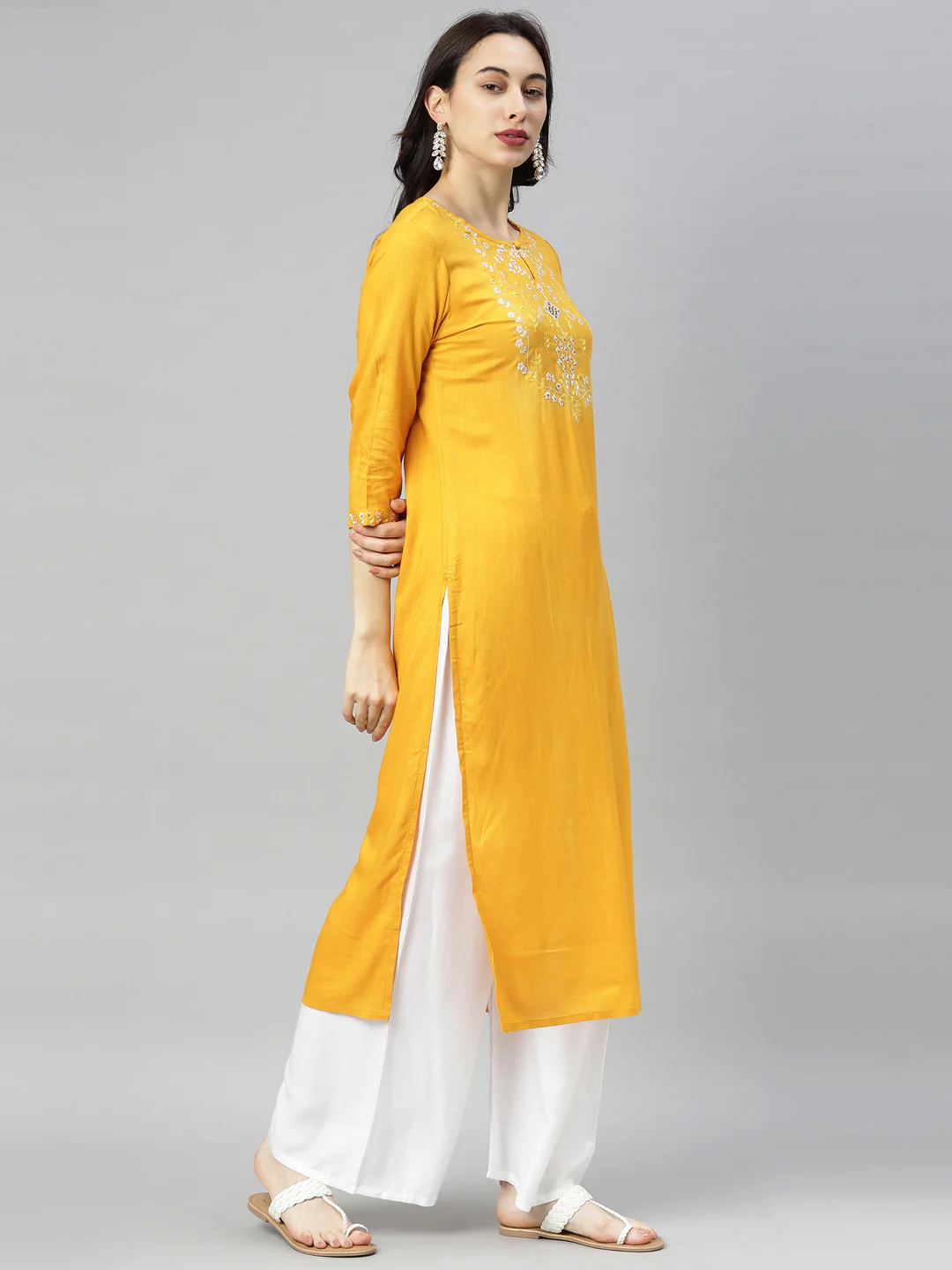 Neerus Yellow Embroidered Straight Kurta - Image 6