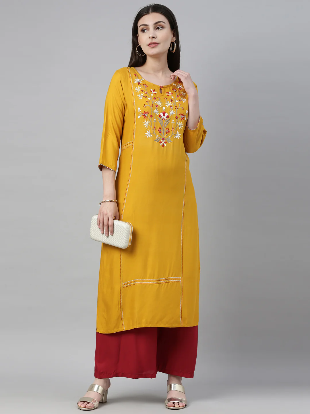 Neerus Yellow Embroidered Straight Kurta - Image 6