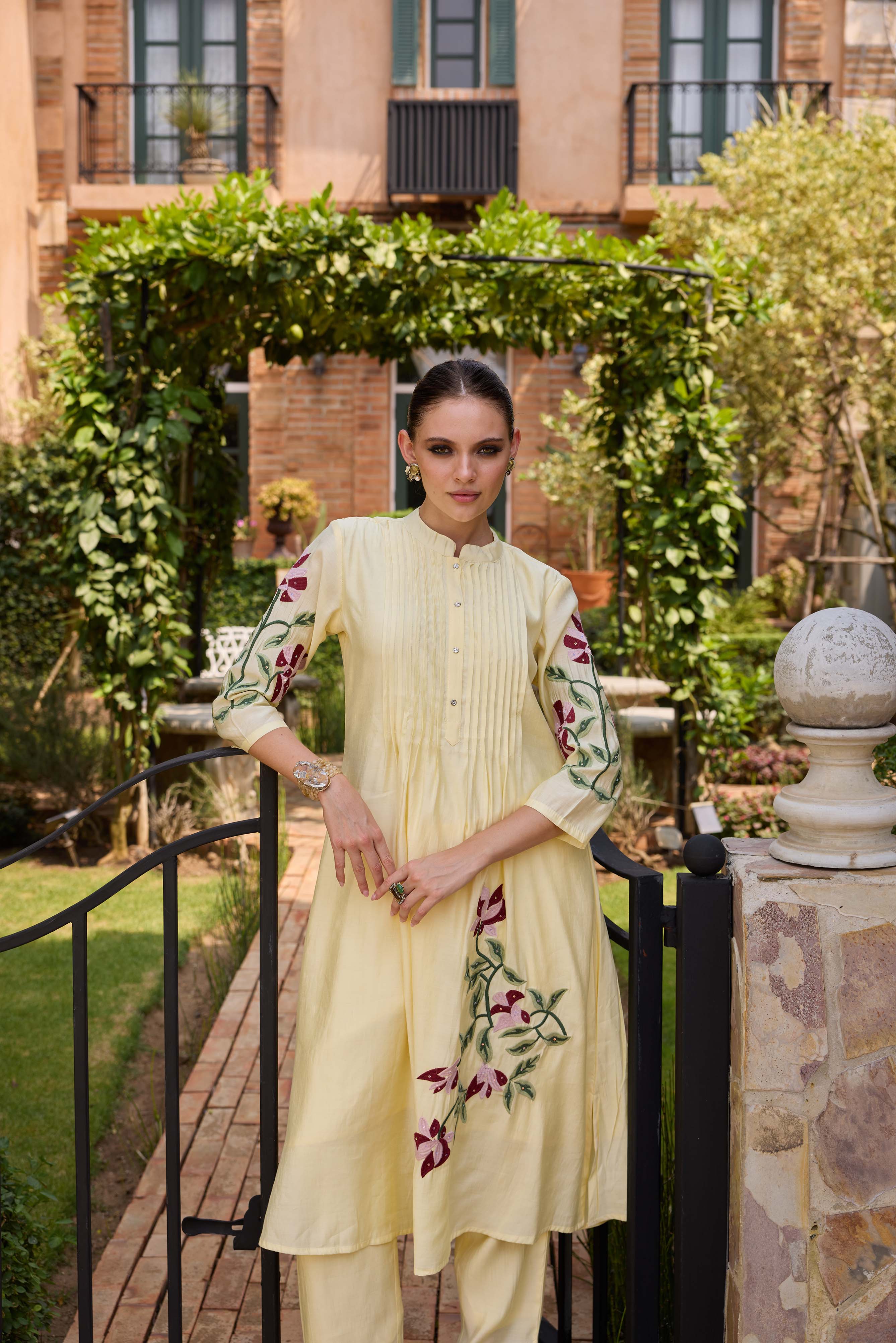 Neerus Yellow Embroidered Straight Kurta and Trousers - Image 3