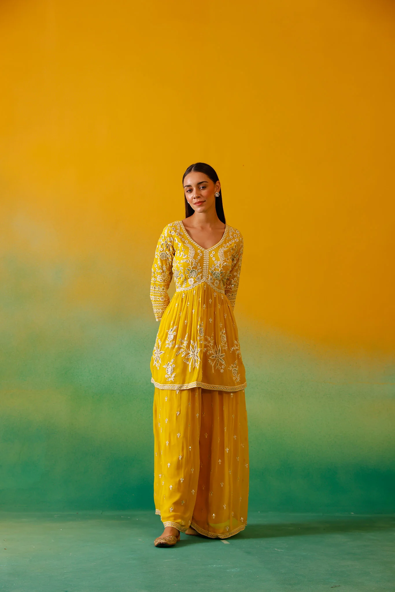 Neerus Yellow Embroidery Georgette Fabric Suit Set. - Image 10