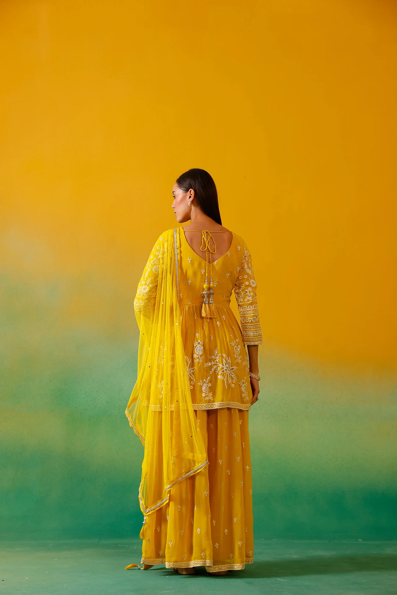 Neerus Yellow Embroidery Georgette Fabric Suit Set. - Image 3