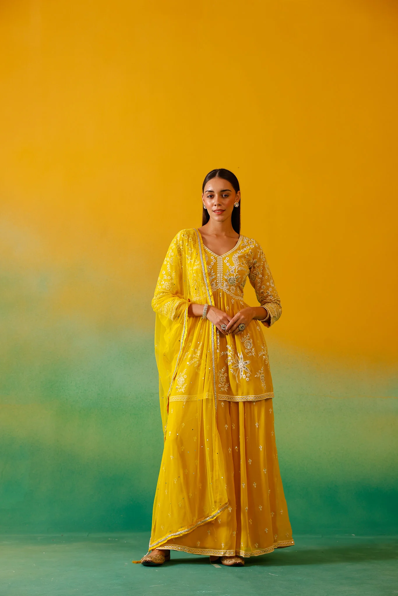 Neerus Yellow Embroidery Georgette Fabric Suit Set. - Image 5
