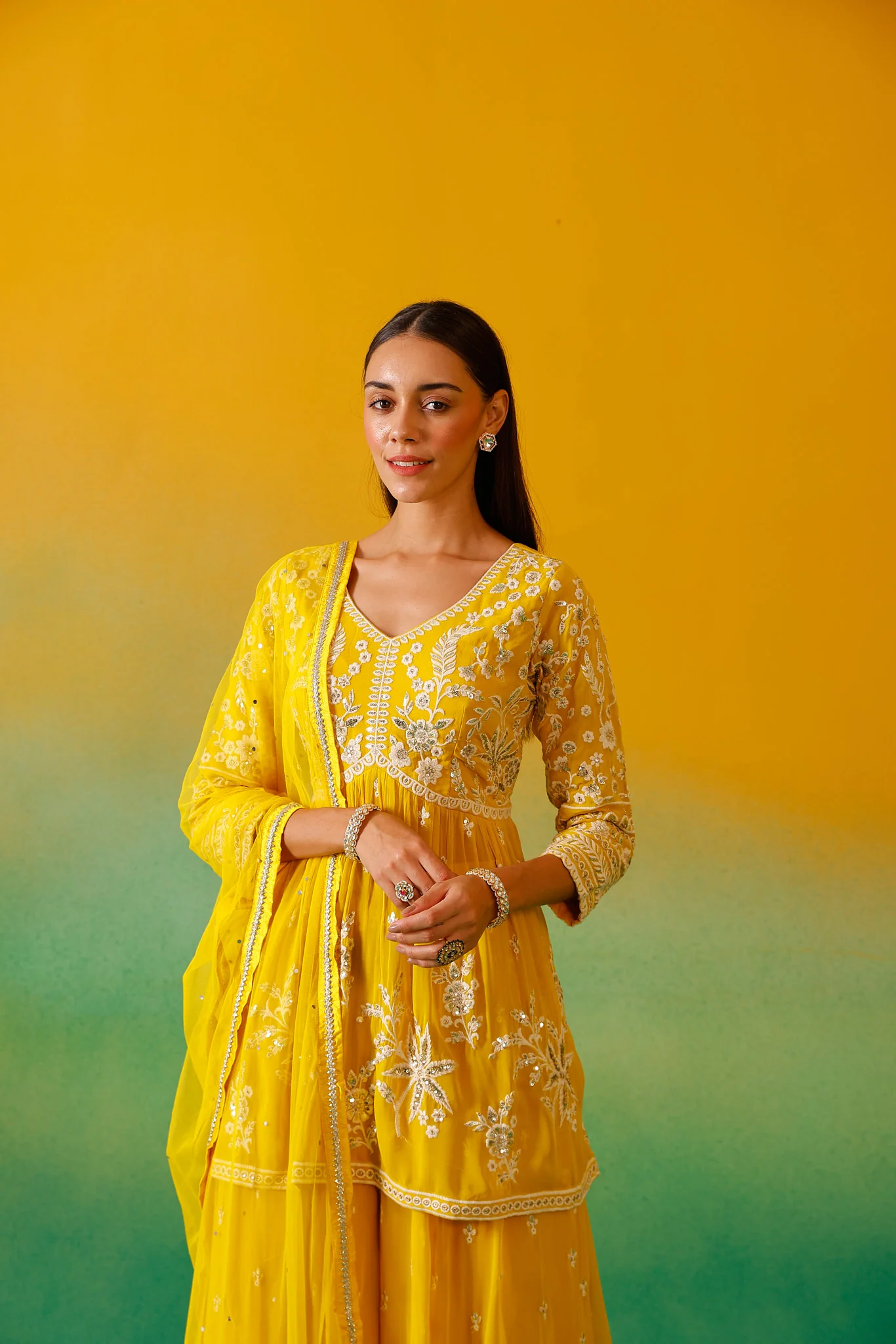 Neerus Yellow Embroidery Georgette Fabric Suit Set. - Image 9