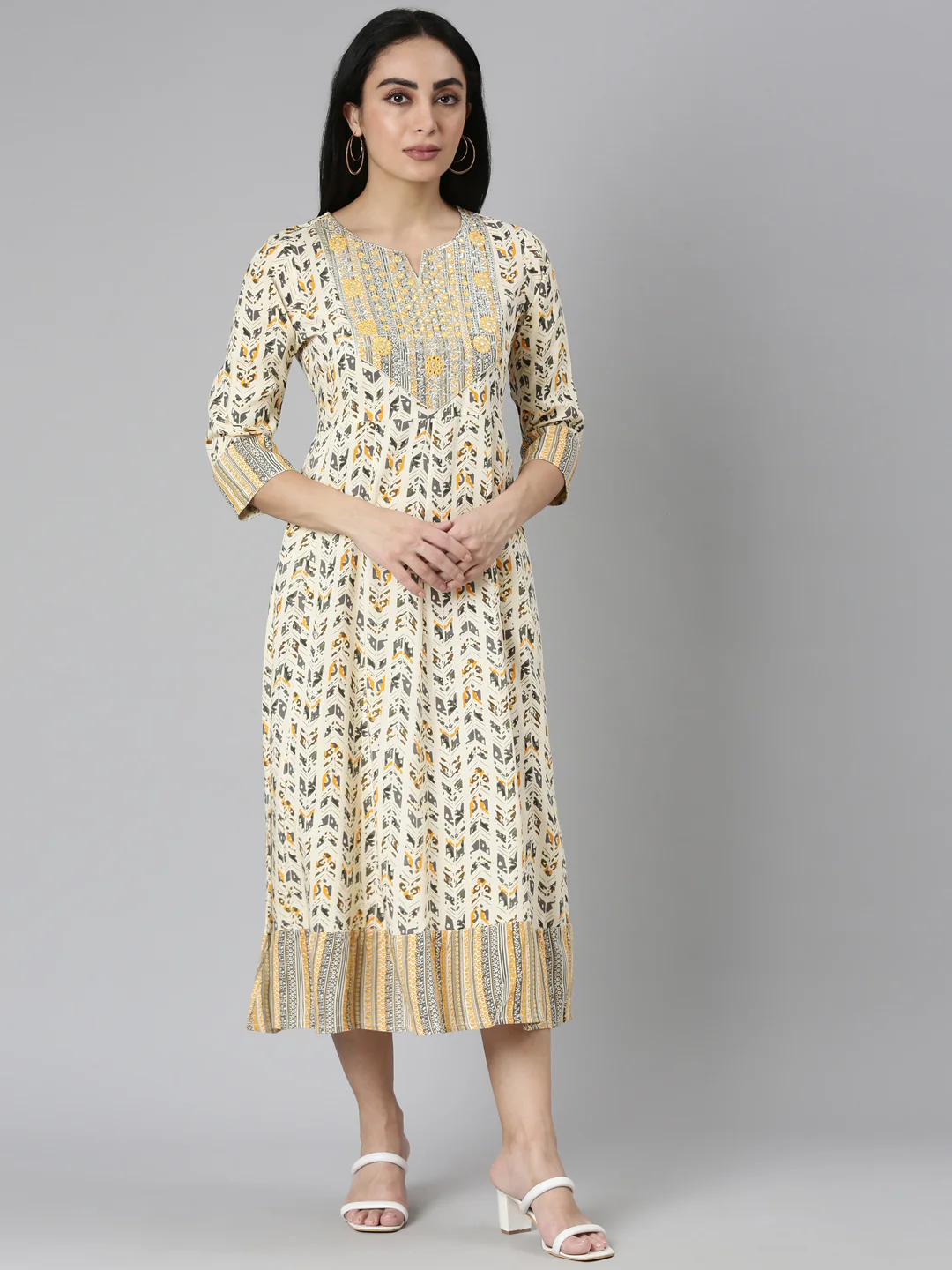 Neerus Yellow Flared Casual Floral Anarkali Kurta
