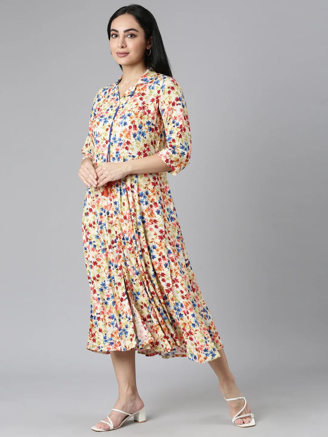 Neerus Yellow Flared Casual Floral Fit and Flare Dresses - Image 2
