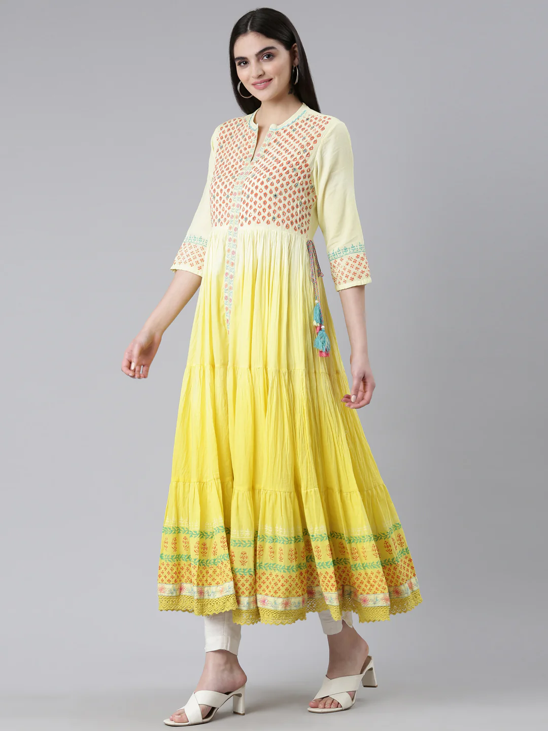 Neerus Yellow Flared Casual Printed Dress - Image 2