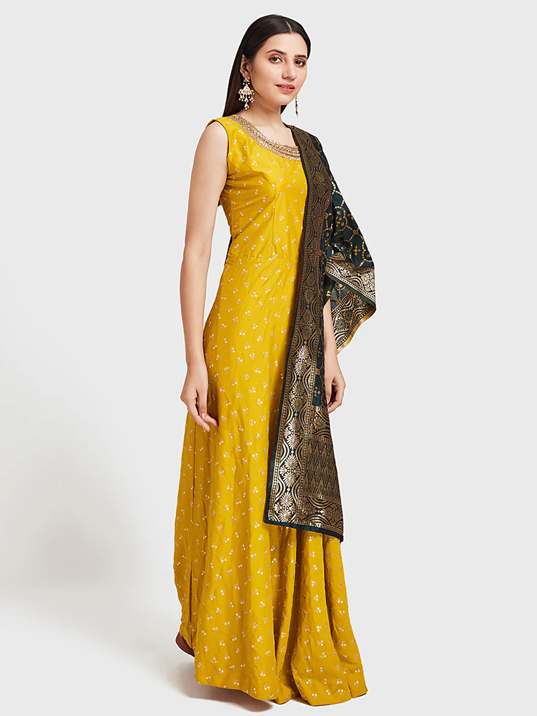 Neerus Yellow & Green Embellished Anarkali Kurta With Dupatta