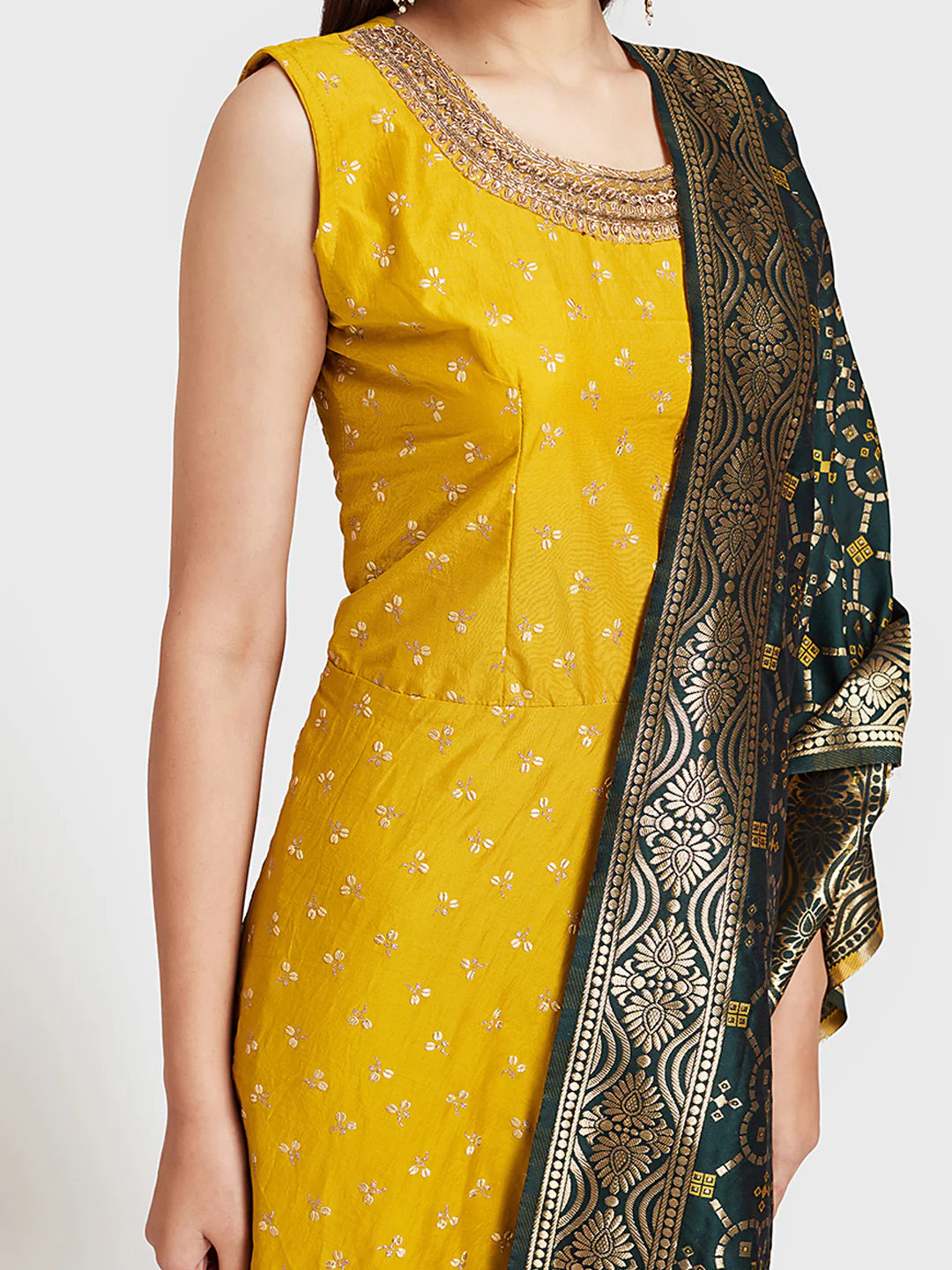 Neerus Yellow & Green Embellished Anarkali Kurta With Dupatta - Image 2