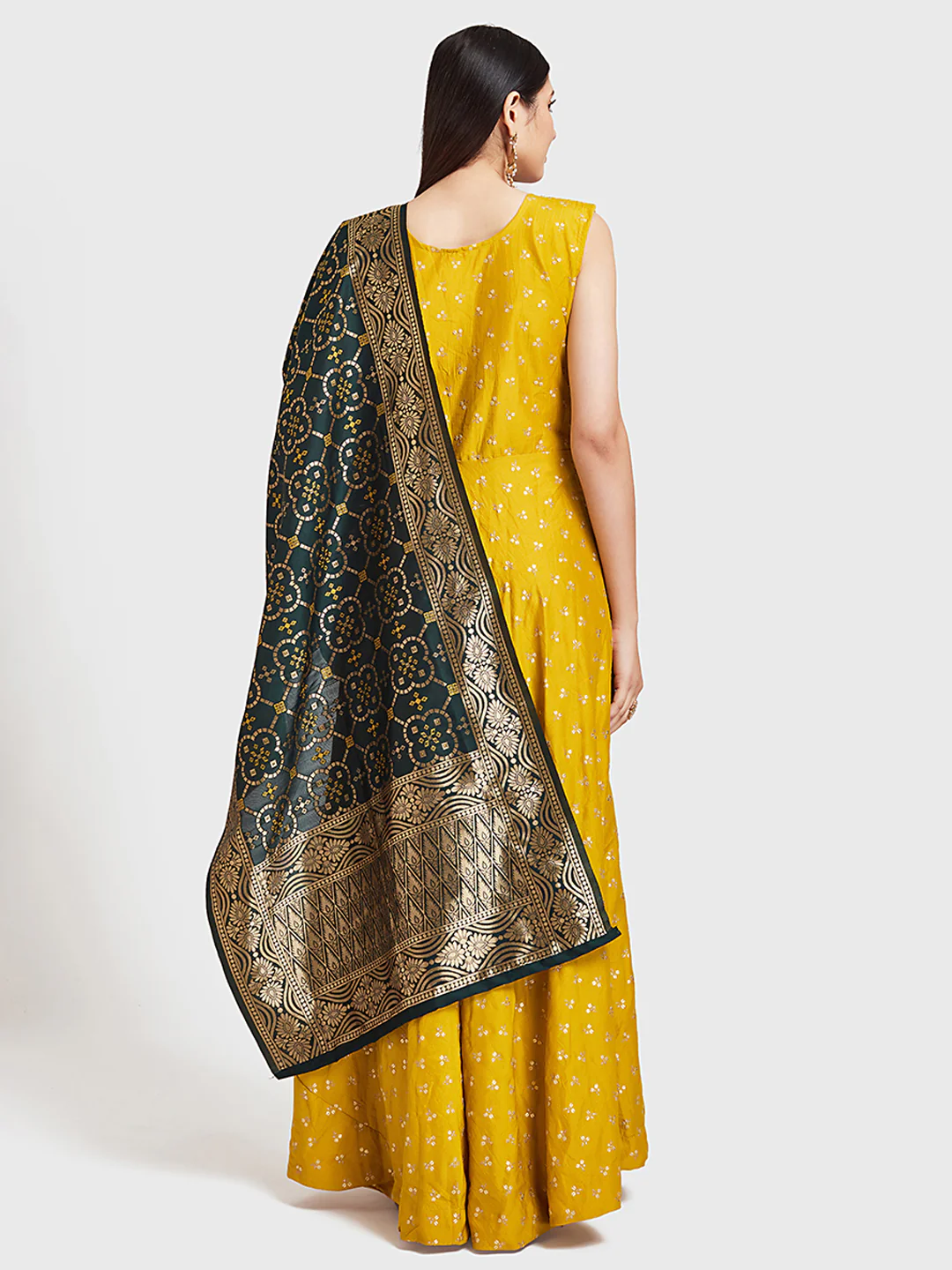 Neerus Yellow & Green Embellished Anarkali Kurta With Dupatta - Image 5