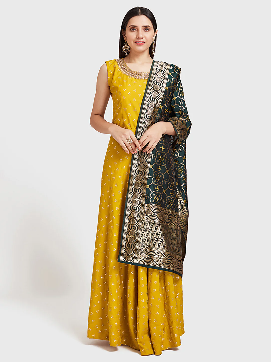 Neerus Yellow & Green Embellished Anarkali Kurta With Dupatta - Image 6