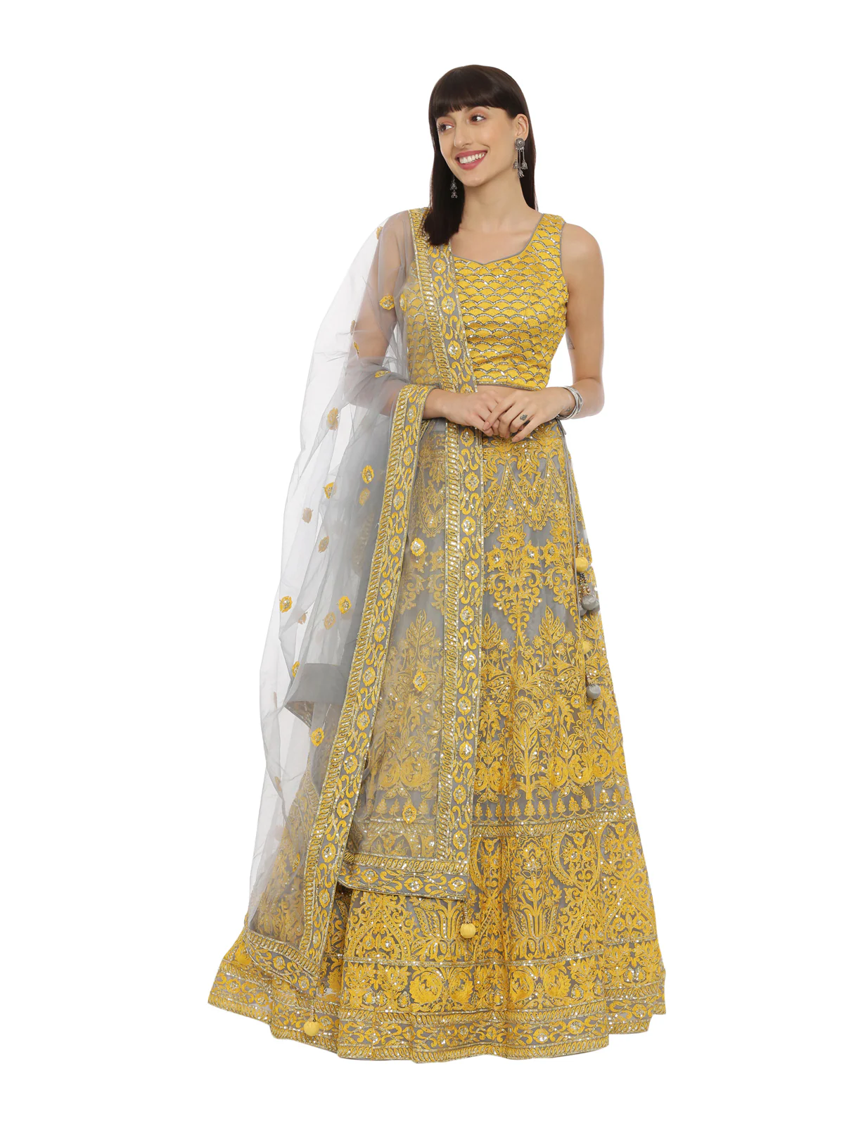 Neerus Yellow & Grey Embellished Lehenga Set