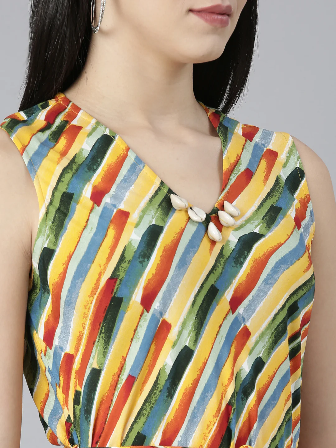 Neerus Yellow High-Low Casual Striped Fit and Flare Dresses - Image 4