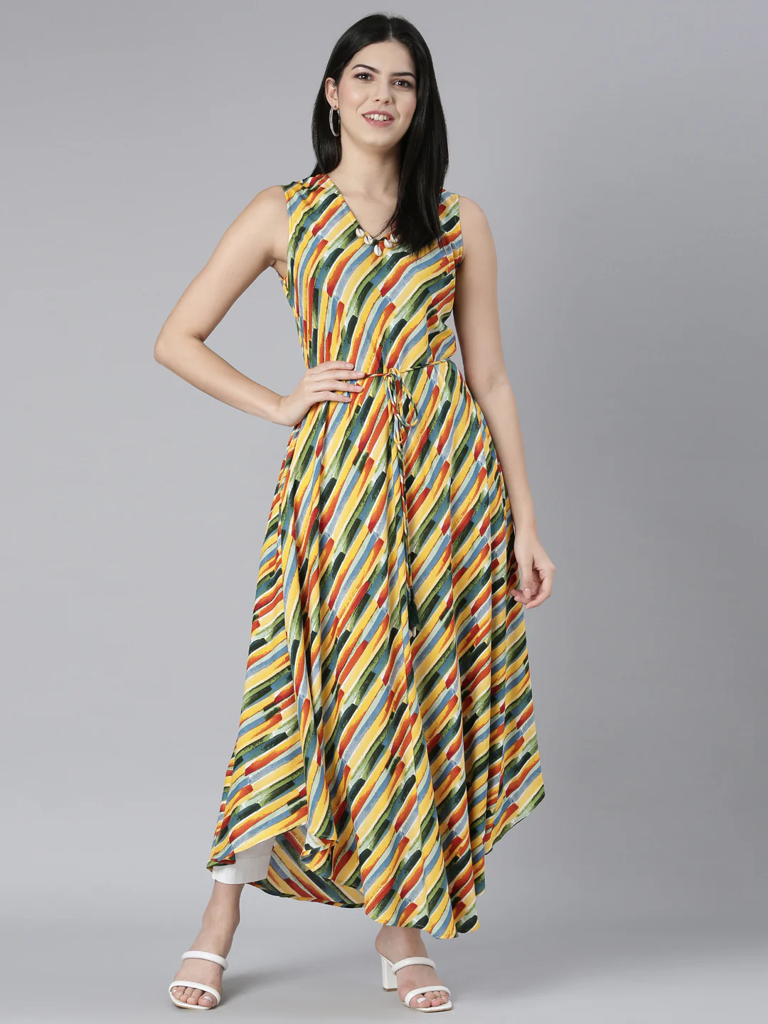 Neerus Yellow High-Low Casual Striped Fit and Flare Dresses - Image 5